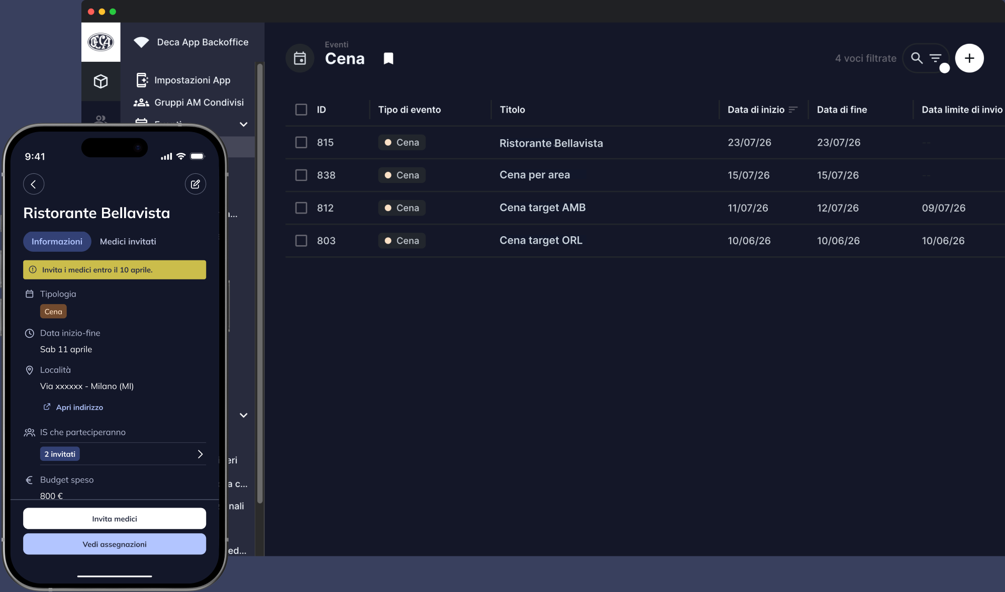 Evento visualizzato in app dall'area manager e nel backoffice per la sede Deca.