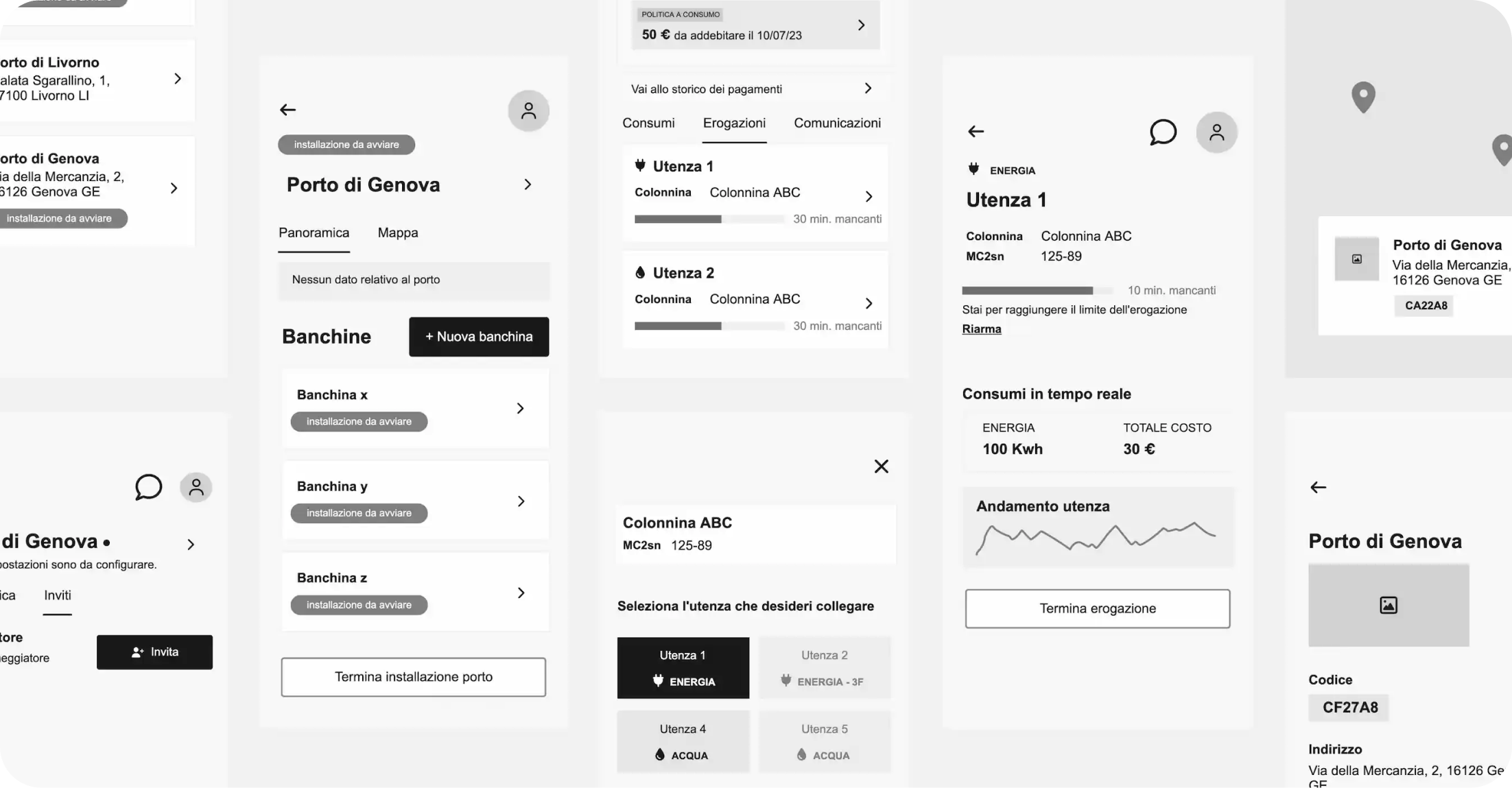 Wireframe app utente finale